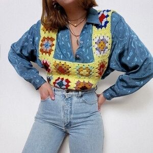 Vintage granny square tank vest colourful grandmacore crochet knit top crop